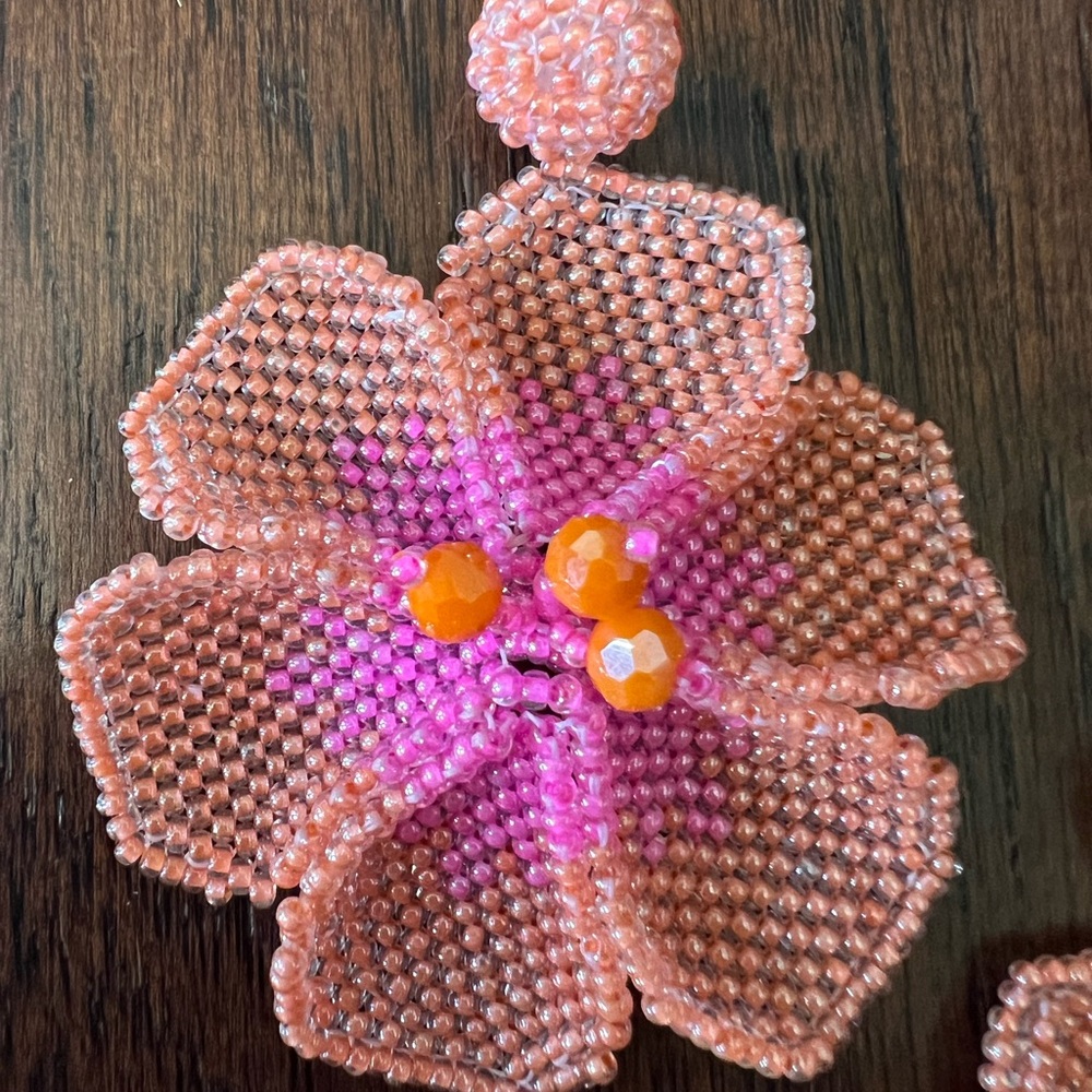 Noonday New Bloom Beaded Floral Earrings in Pink and Orange - Picture 5 of 9